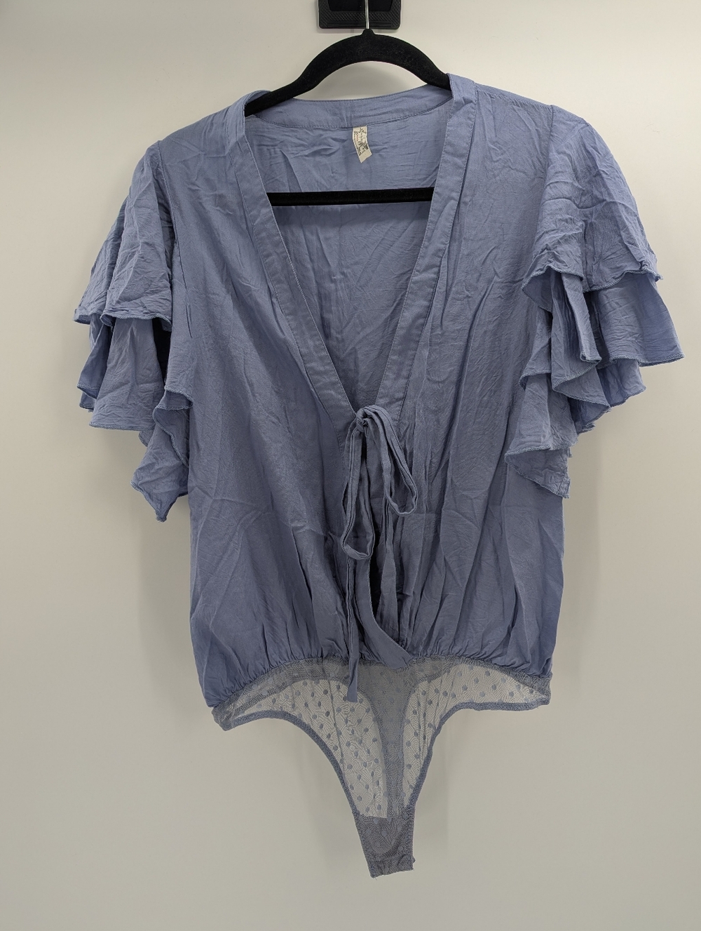 Free People Intimately Bodysuit Boho Fairy Ruffle Sleeve Blue Tie Front Medium